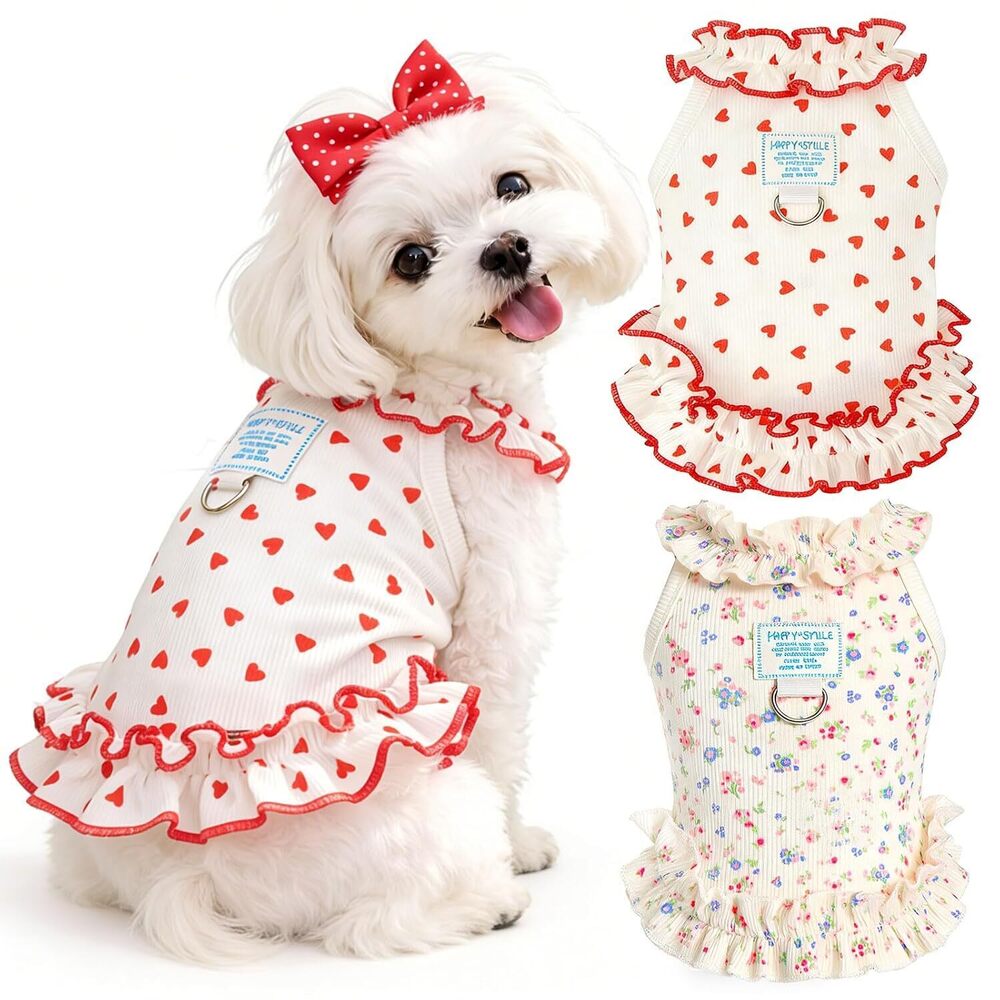 2 Pack Dog Cat Dresses for Small Dogs Girl Cute Heart & Floral Print Ruffle